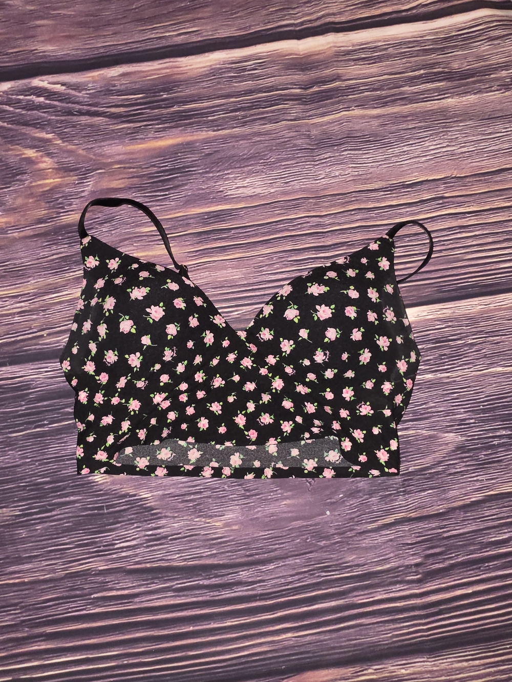 PINK Victoria's Secret Black Floral Bralette with Pink Rose Print